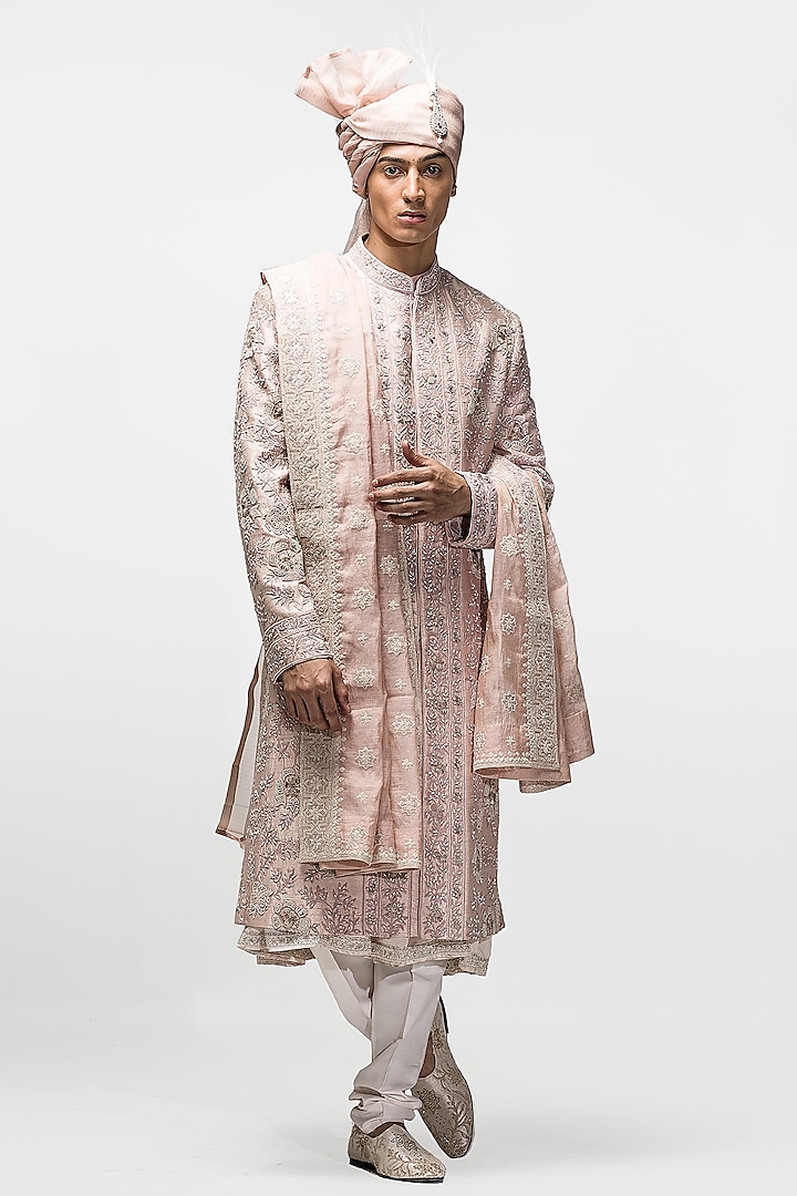 Salmon Pink Raw Silk Cutdana & Beads Embroidered Groom Sherwani Set by ASUKA at Pernia's Pop Up Shop