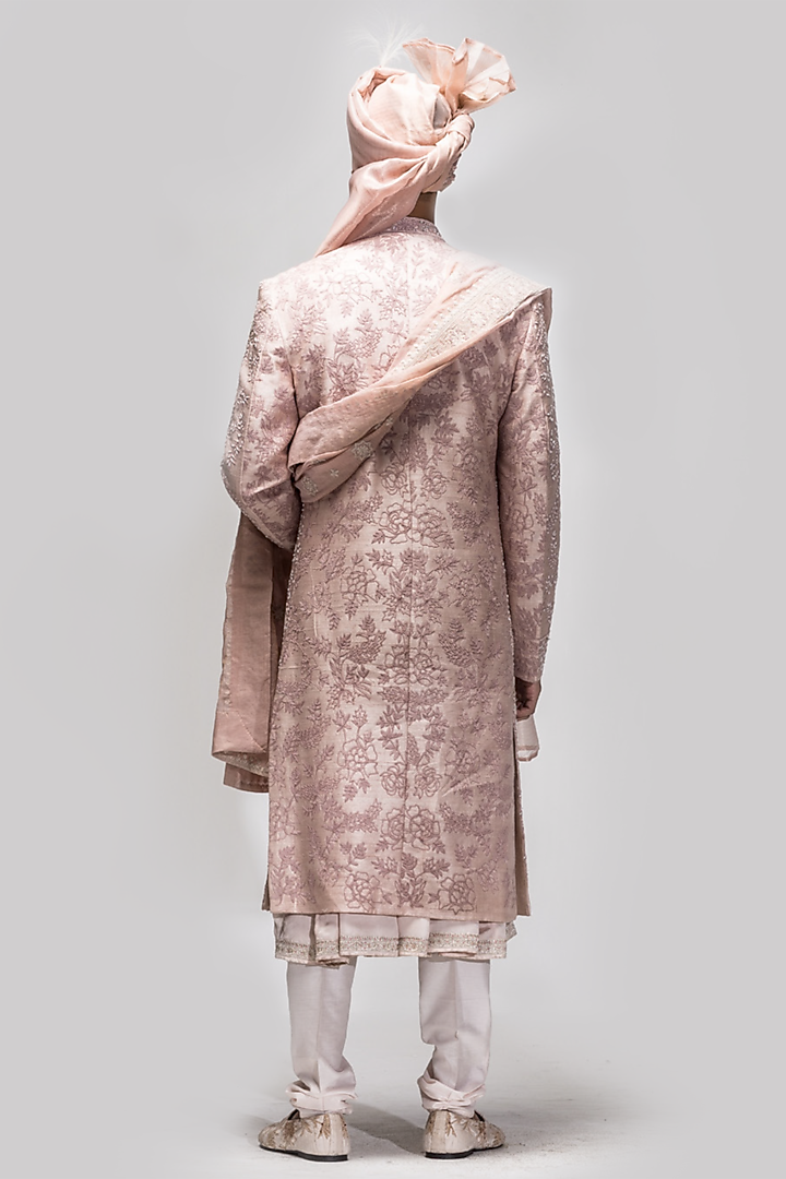 Salmon Pink Raw Silk Cutdana & Beads Embroidered Groom Sherwani Set by ASUKA at Pernia's Pop Up Shop