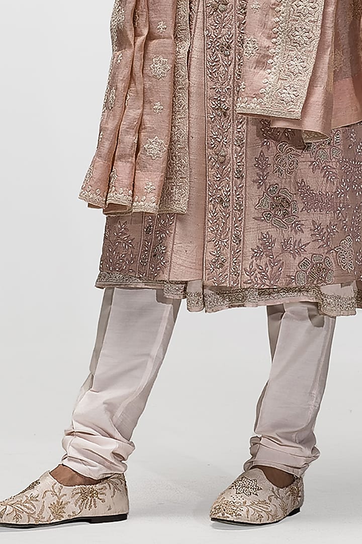 Salmon Pink Raw Silk Cutdana & Beads Embroidered Groom Sherwani Set by ASUKA at Pernia's Pop Up Shop