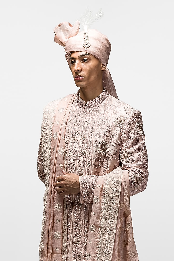 Salmon Pink Raw Silk Cutdana & Beads Embroidered Groom Sherwani Set by ASUKA at Pernia's Pop Up Shop
