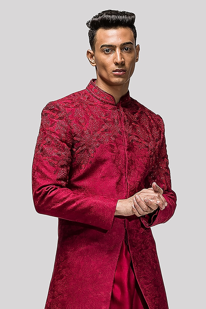 Red Chanderi Silk Cutdana & Sequins Embroidered Wedding Sherwani Set by ASUKA at Pernia's Pop Up Shop