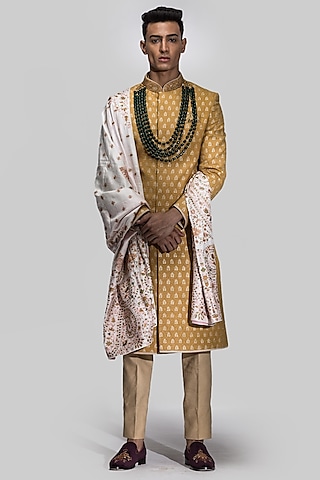 Mustard Yellow Banarasi Chanderi Silk Brocade Zari Hand Embroidered Sherwani Set by ASUKA