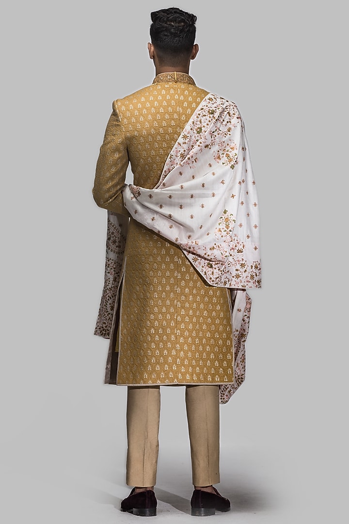 Mustard Yellow Banarasi Chanderi Silk Brocade Zari Hand Embroidered Wedding Sherwani Set by ASUKA at Pernia's Pop Up Shop