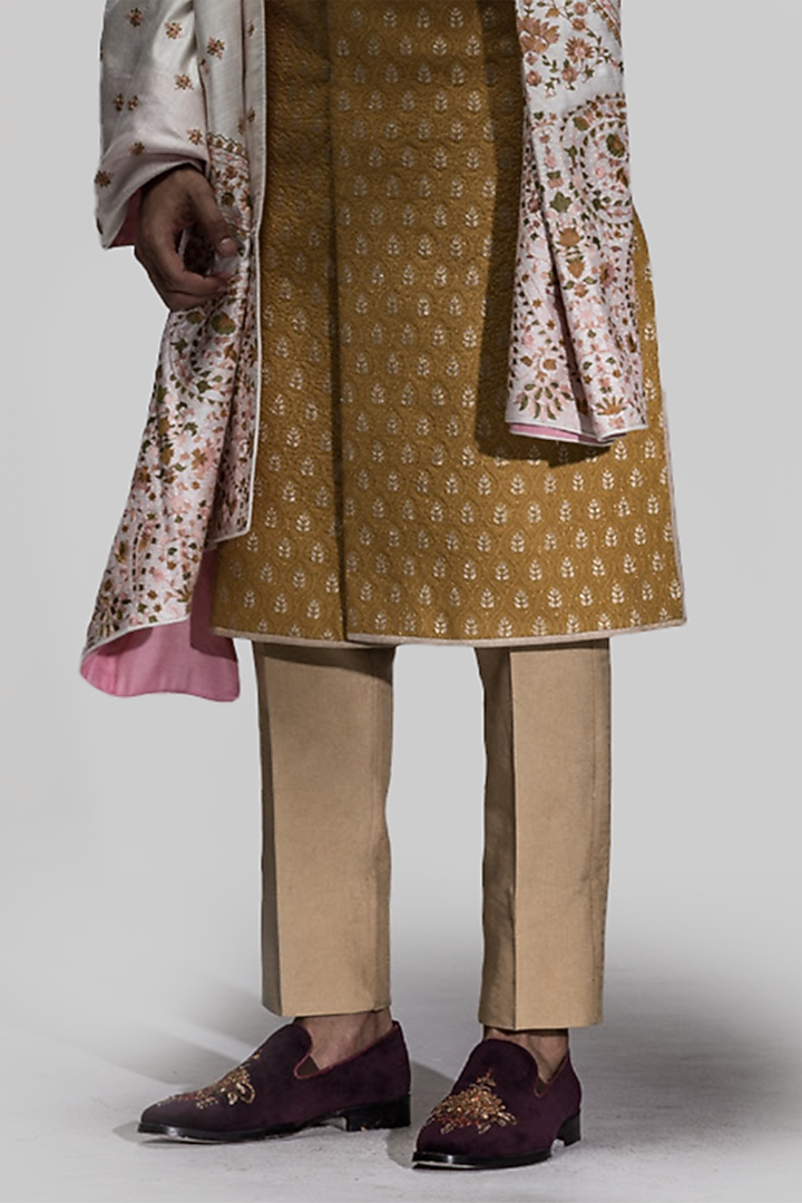 Mustard Yellow Banarasi Chanderi Silk Brocade Zari Hand Embroidered Wedding Sherwani Set by ASUKA at Pernia's Pop Up Shop