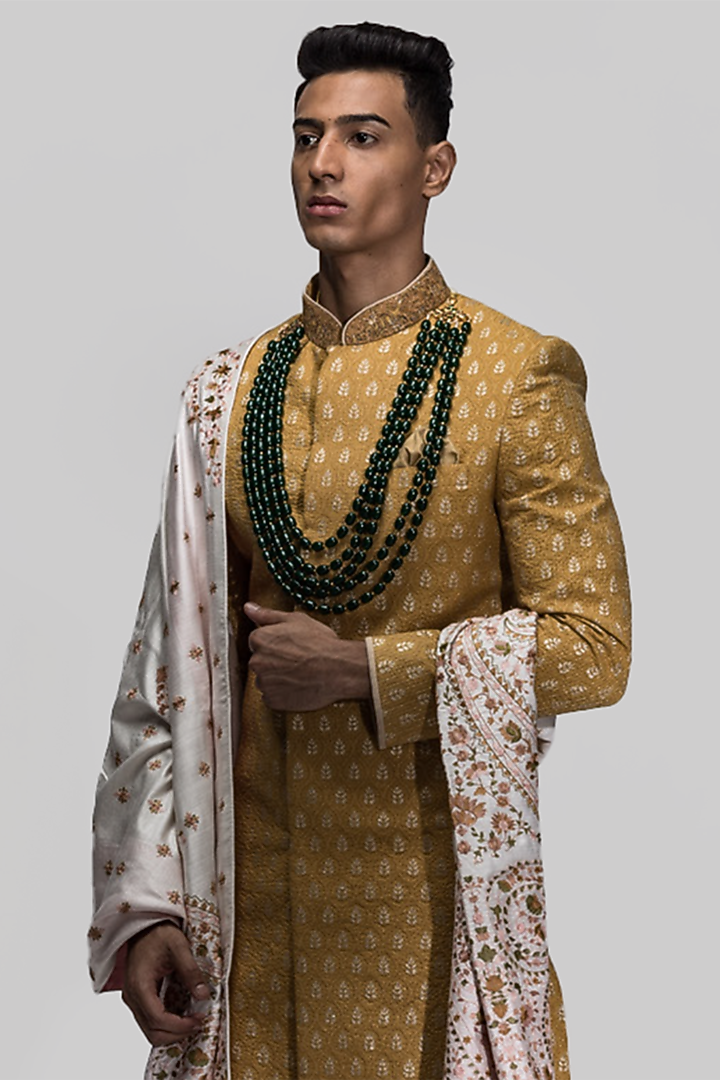 Mustard Yellow Banarasi Chanderi Silk Brocade Zari Hand Embroidered Wedding Sherwani Set by ASUKA at Pernia's Pop Up Shop