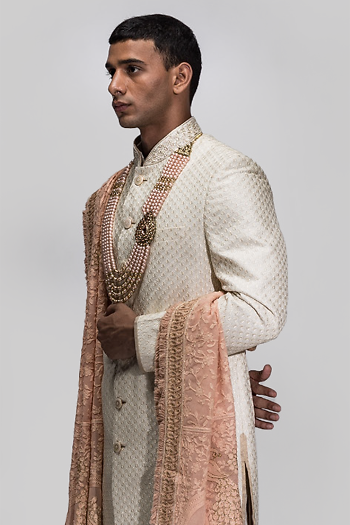 Off-White Chikankari Embroidered Wedding Sherwani Set by ASUKA at Pernia's Pop Up Shop