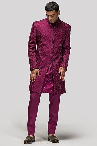 Wine Embroidered Indo-Western Jacket Set by ASUKA