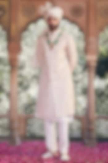Cream Raw Silk Floral & Moti Hand Embroidered Wedding Sherwani Set by ASUKA at Pernia's Pop Up Shop