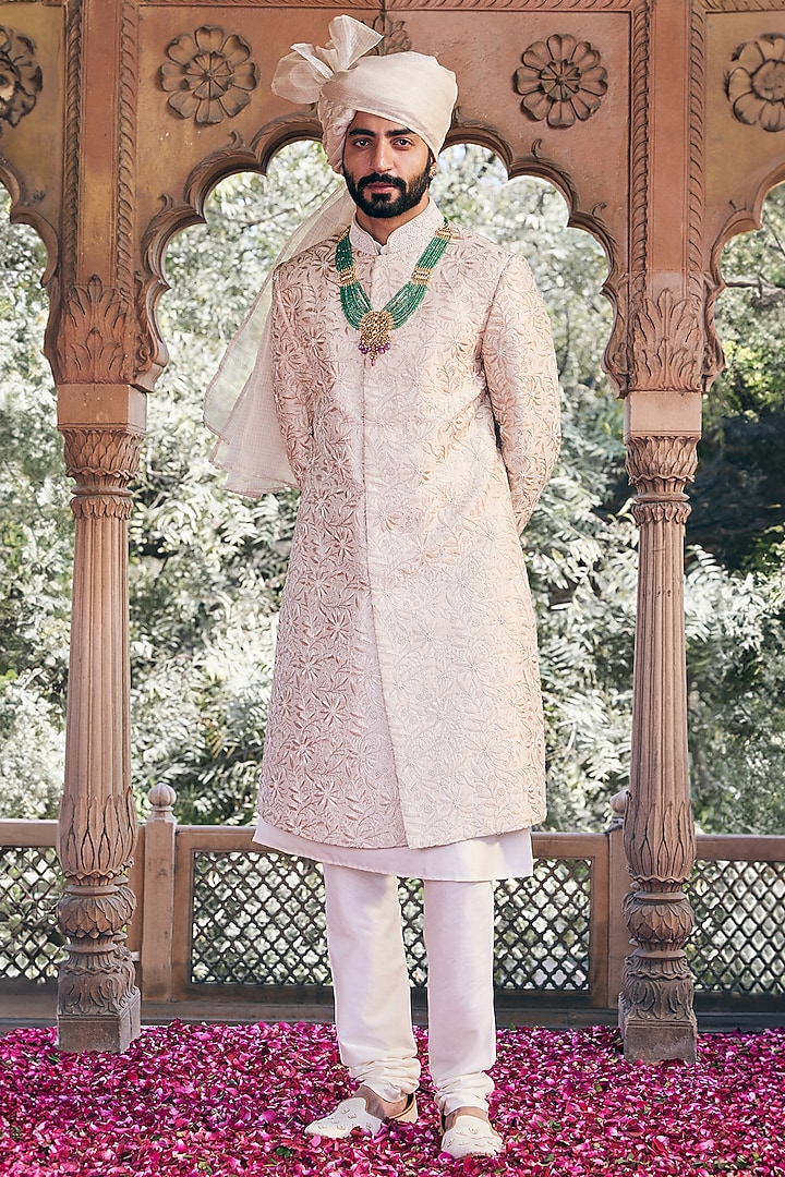 Cream Raw Silk Floral & Moti Hand Embroidered Wedding Sherwani Set by ASUKA at Pernia's Pop Up Shop