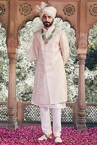 Cream Raw Silk Floral & Moti Hand Embroidered Sherwani Set by ASUKA