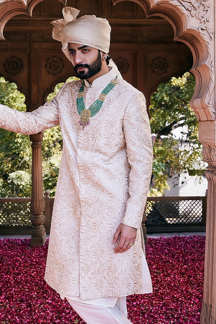 Cream Raw Silk Floral & Moti Hand Embroidered Wedding Sherwani Set by ASUKA at Pernia's Pop Up Shop