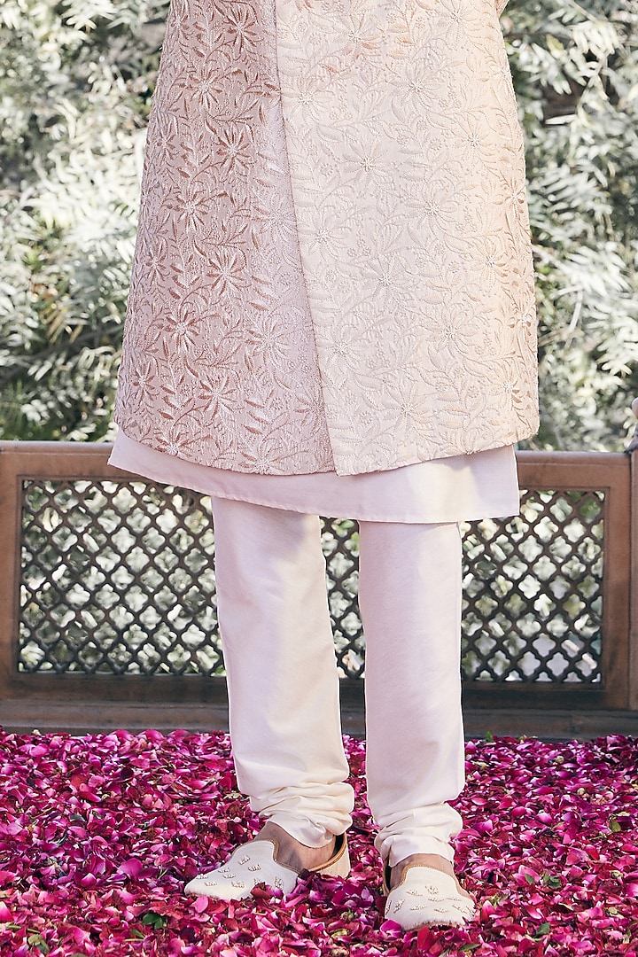 Cream Raw Silk Floral & Moti Hand Embroidered Wedding Sherwani Set by ASUKA at Pernia's Pop Up Shop