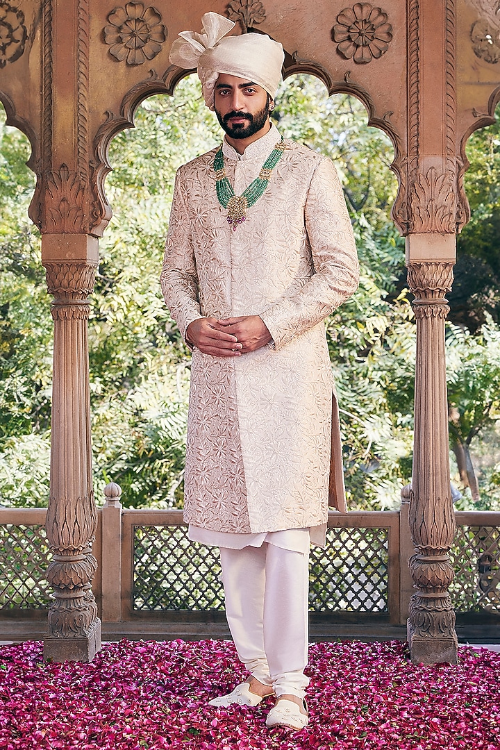 Cream Raw Silk Floral & Moti Hand Embroidered Wedding Sherwani Set by ASUKA at Pernia's Pop Up Shop