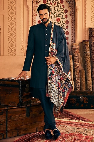 Navy Blue Cotton Silk Patch Work Indo-Western Set by ASUKA