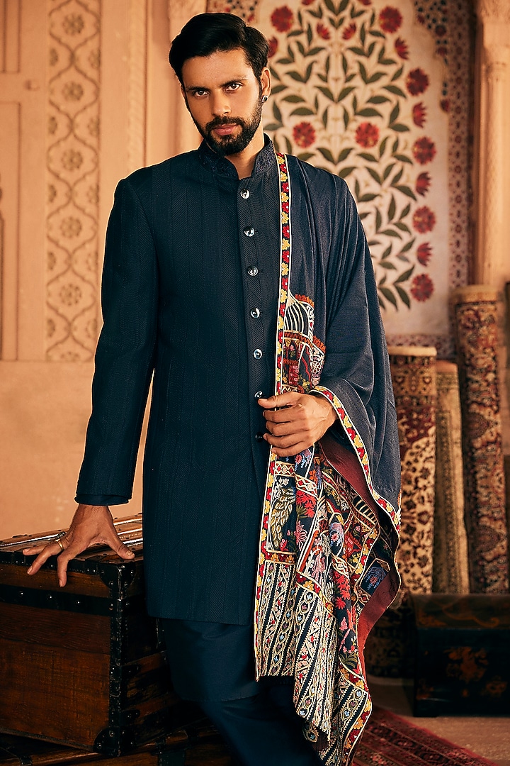 Navy Blue Cotton Silk Patch Work Indo-Western Set by ASUKA at Pernia's Pop Up Shop