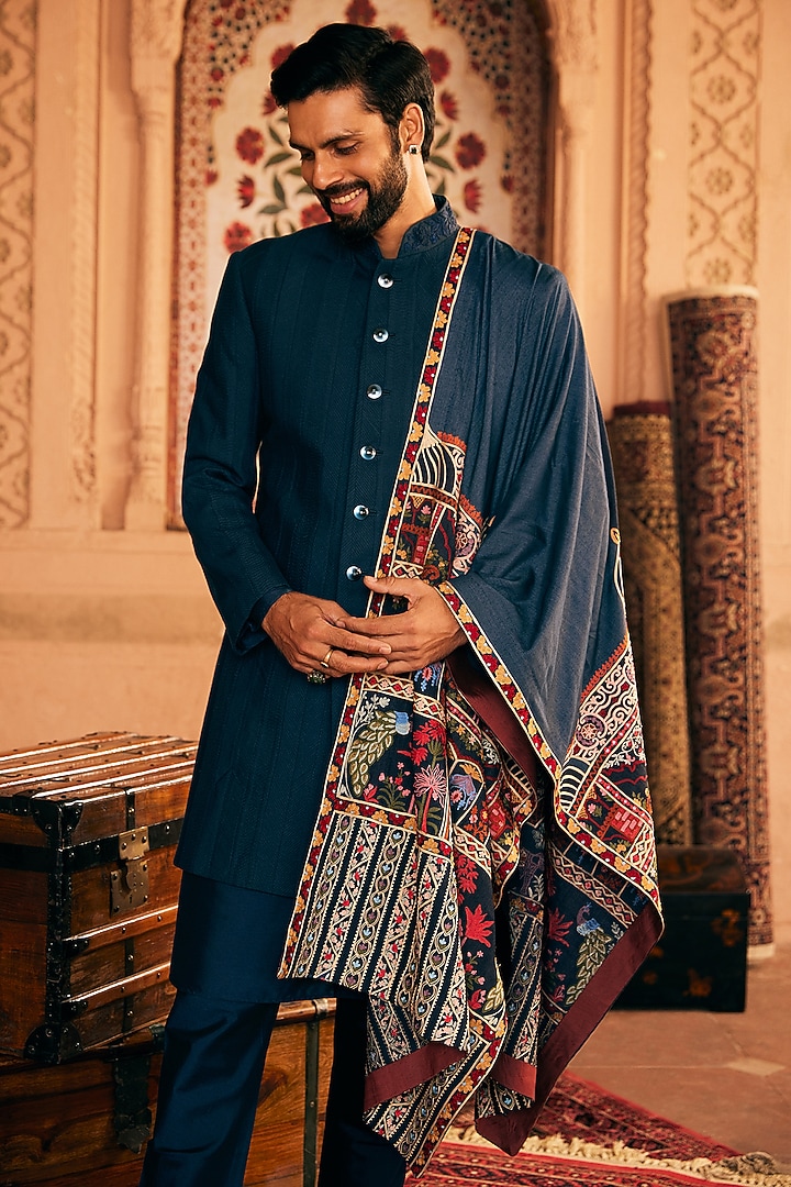 Navy Blue Cotton Silk Patch Work Indo-Western Set by ASUKA at Pernia's Pop Up Shop
