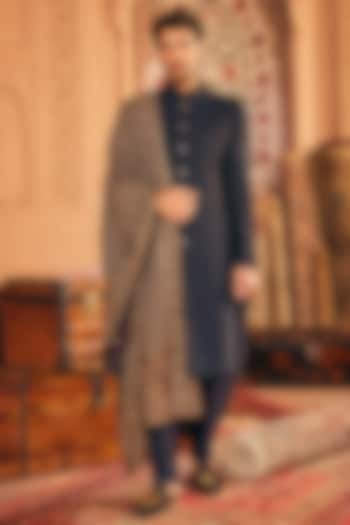 Navy Blue Cotton Silk Resham & Kashmiri Embroidered Sherwani Set by ASUKA