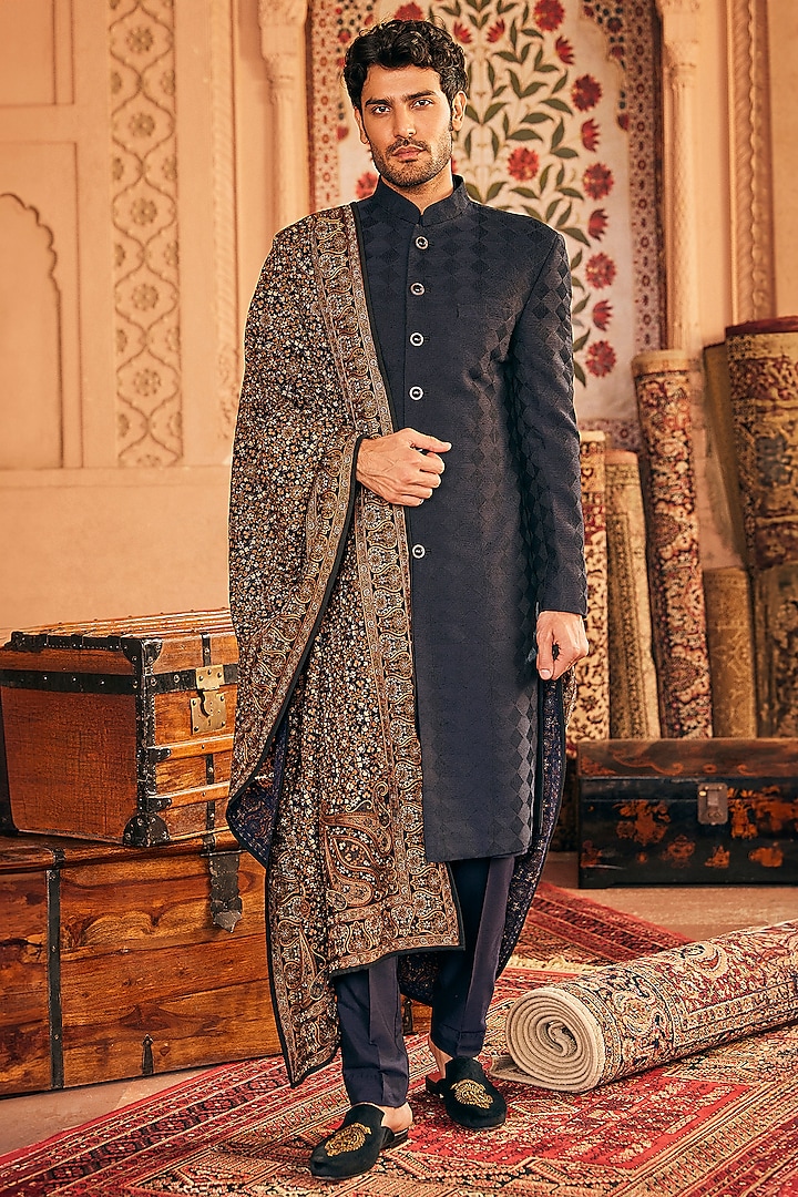 Navy Blue Cotton Silk Resham & Kashmiri Embroidered Wedding Sherwani Set by ASUKA at Pernia's Pop Up Shop