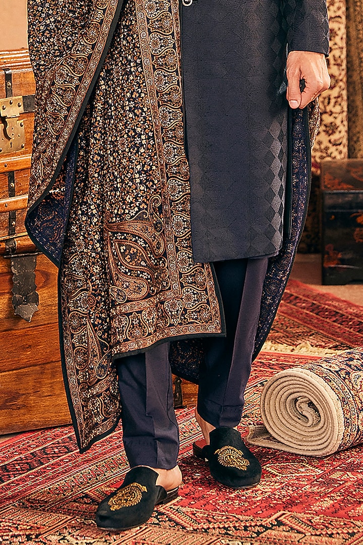 Navy Blue Cotton Silk Resham & Kashmiri Embroidered Wedding Sherwani Set by ASUKA at Pernia's Pop Up Shop