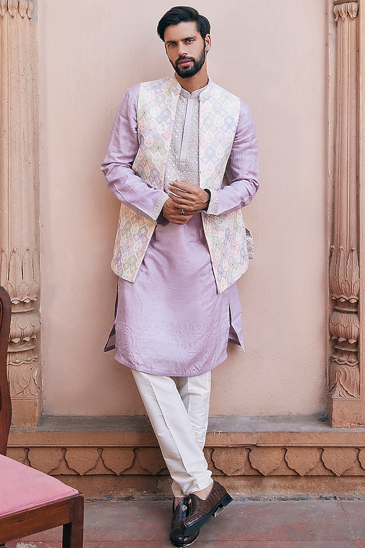 White Chanderi Silk Mirror & Zari Embroidered Bundi Jacket Set by ASUKA