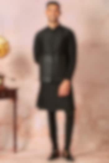 Black Raw Silk Leather Embellished Bundi Jacket Set by ASUKA at Pernia's Pop Up Shop