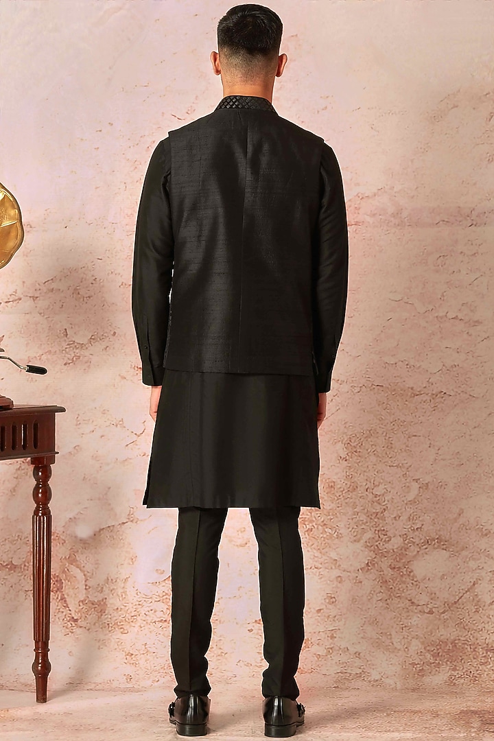 Black Raw Silk Leather Embellished Bundi Jacket Set by ASUKA at Pernia's Pop Up Shop