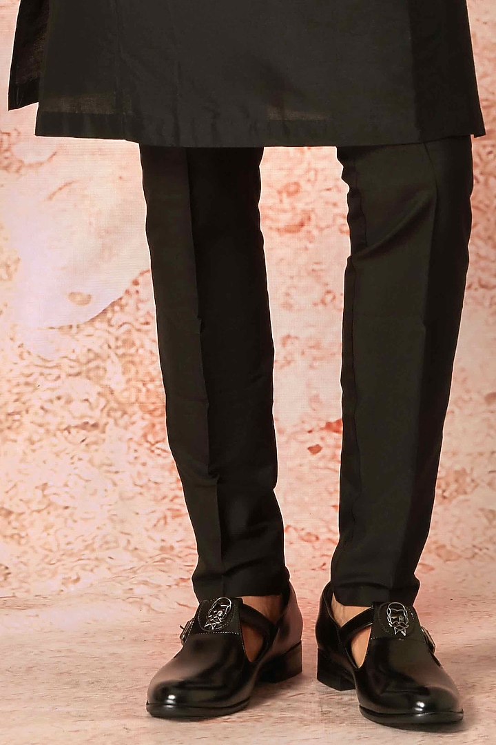 Black Raw Silk Leather Embellished Bundi Jacket Set by ASUKA at Pernia's Pop Up Shop