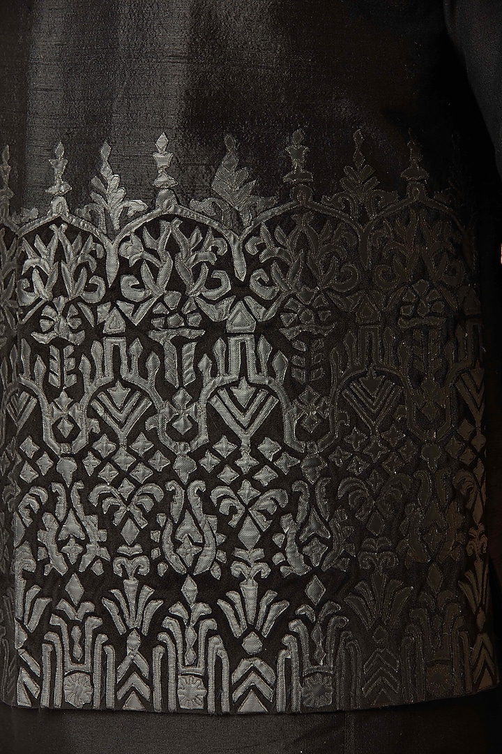 Black Raw Silk Leather Embellished Bundi Jacket Set by ASUKA at Pernia's Pop Up Shop