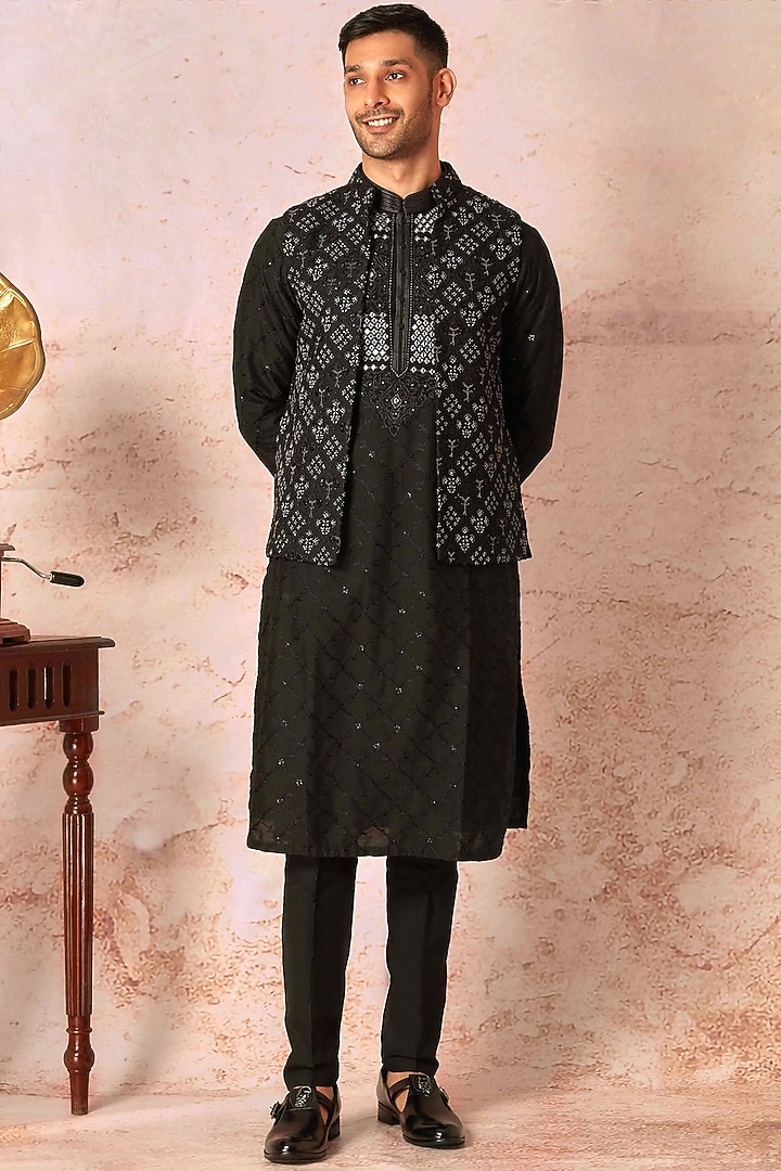 Black Silk Floral Embellished Bundi Jacket Set by ASUKA at Pernia's Pop Up Shop