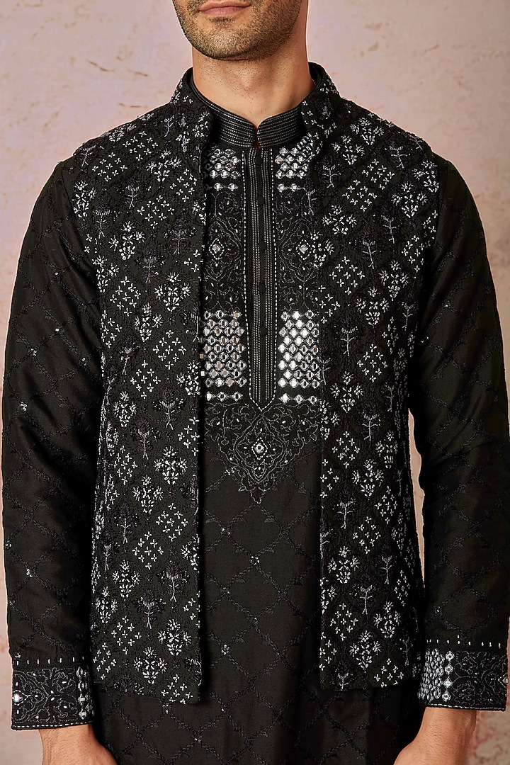 Black Silk Floral Embellished Bundi Jacket Set by ASUKA at Pernia's Pop Up Shop