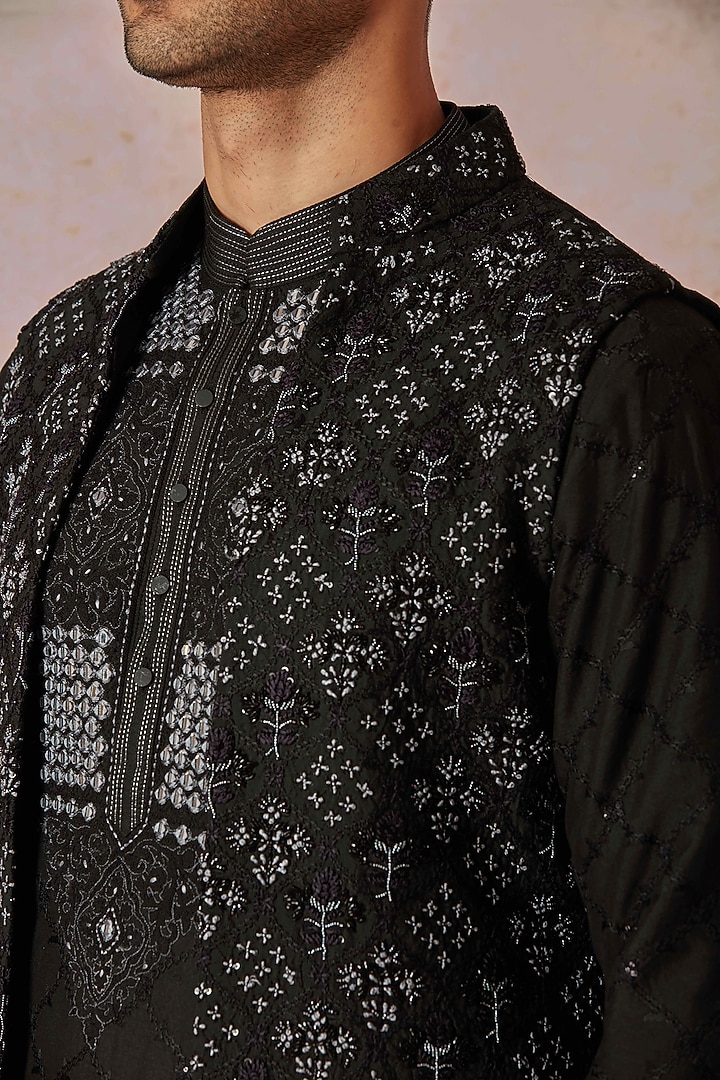 Black Silk Floral Embellished Bundi Jacket Set by ASUKA at Pernia's Pop Up Shop