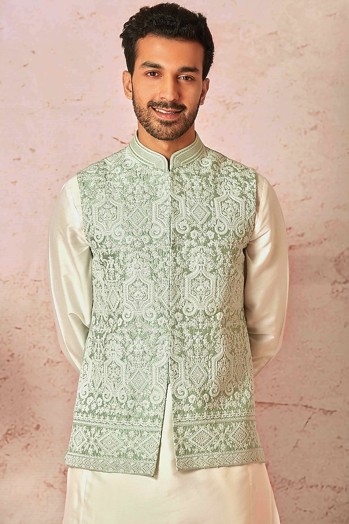 Heritage Mint Green Bundi Set with Cream Cotton silk Kurta by ASUKA at Pernia's Pop Up Shop