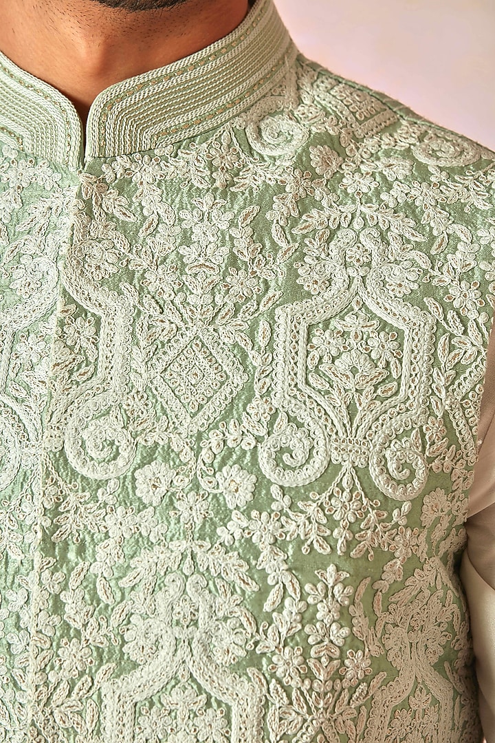 Heritage Mint Green Bundi Set with Cream Cotton silk Kurta by ASUKA at Pernia's Pop Up Shop