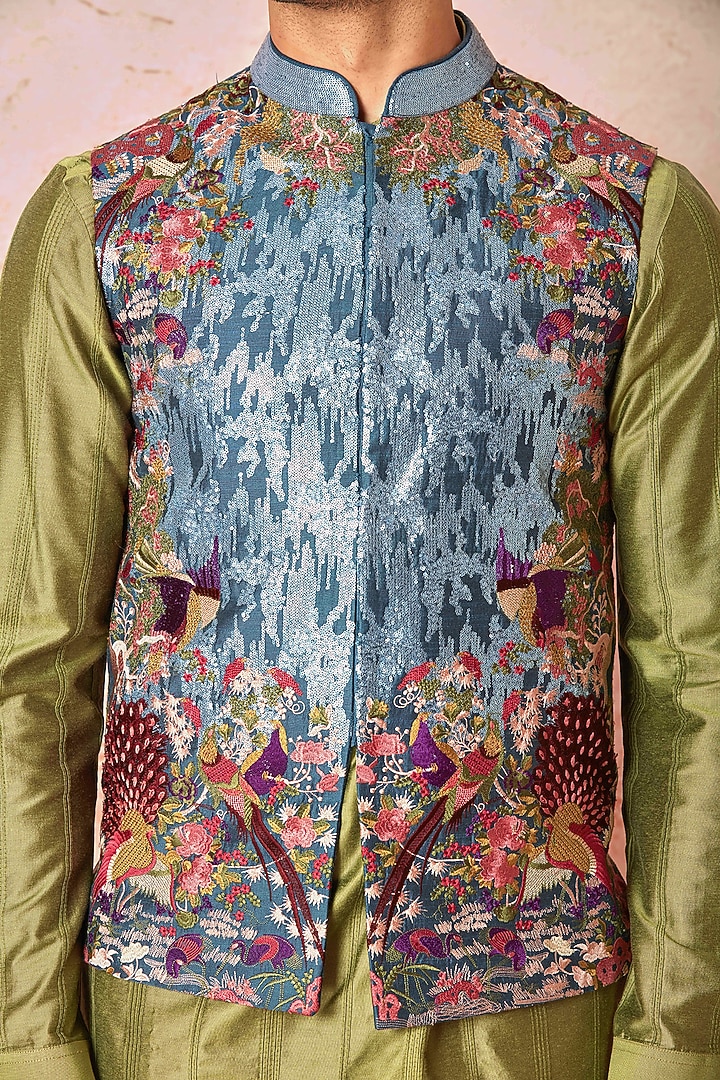 Green Silk Sequins Embroidered Bundi Jacket Set by ASUKA at Pernia's Pop Up Shop