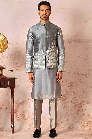 Grey Raw Silk Embroidered Bundi Jacket Set by ASUKA