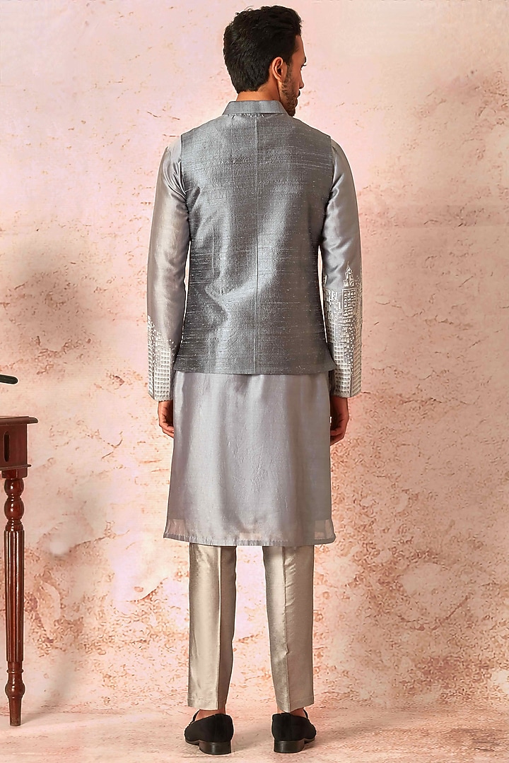 Grey Raw Silk Embroidered Bundi Jacket Set by ASUKA at Pernia's Pop Up Shop