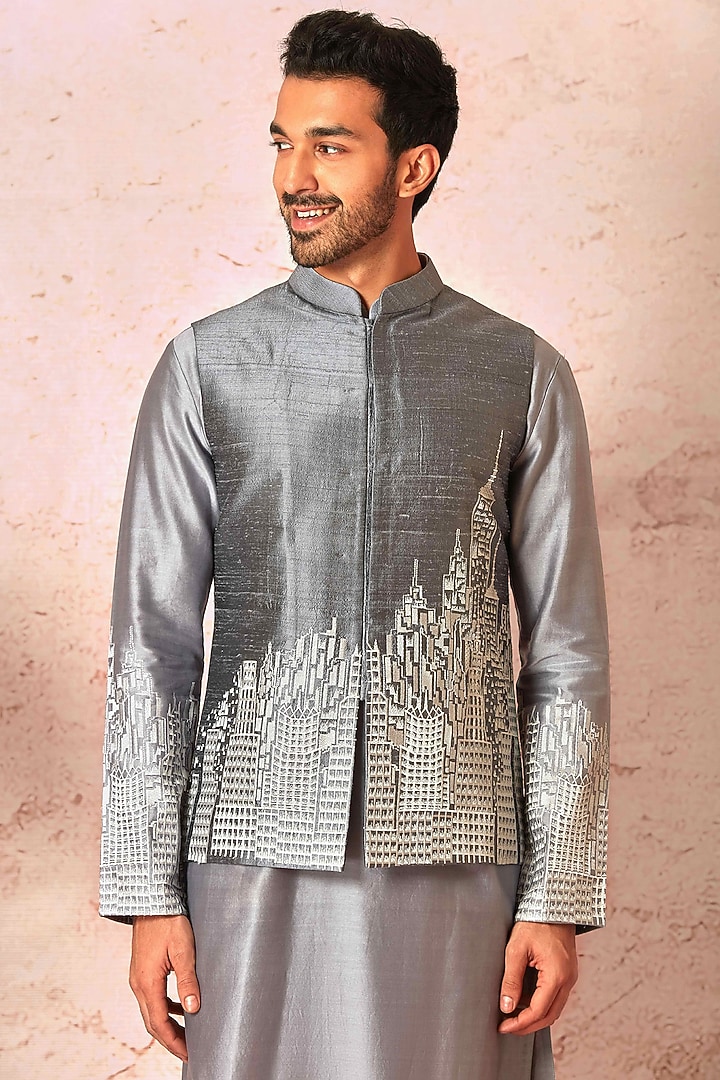 Grey Raw Silk Embroidered Bundi Jacket Set by ASUKA at Pernia's Pop Up Shop
