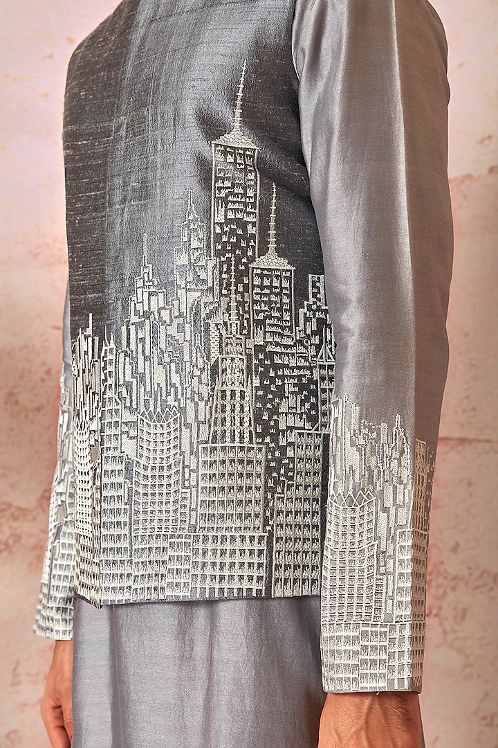 Grey Raw Silk Embroidered Bundi Jacket Set by ASUKA at Pernia's Pop Up Shop