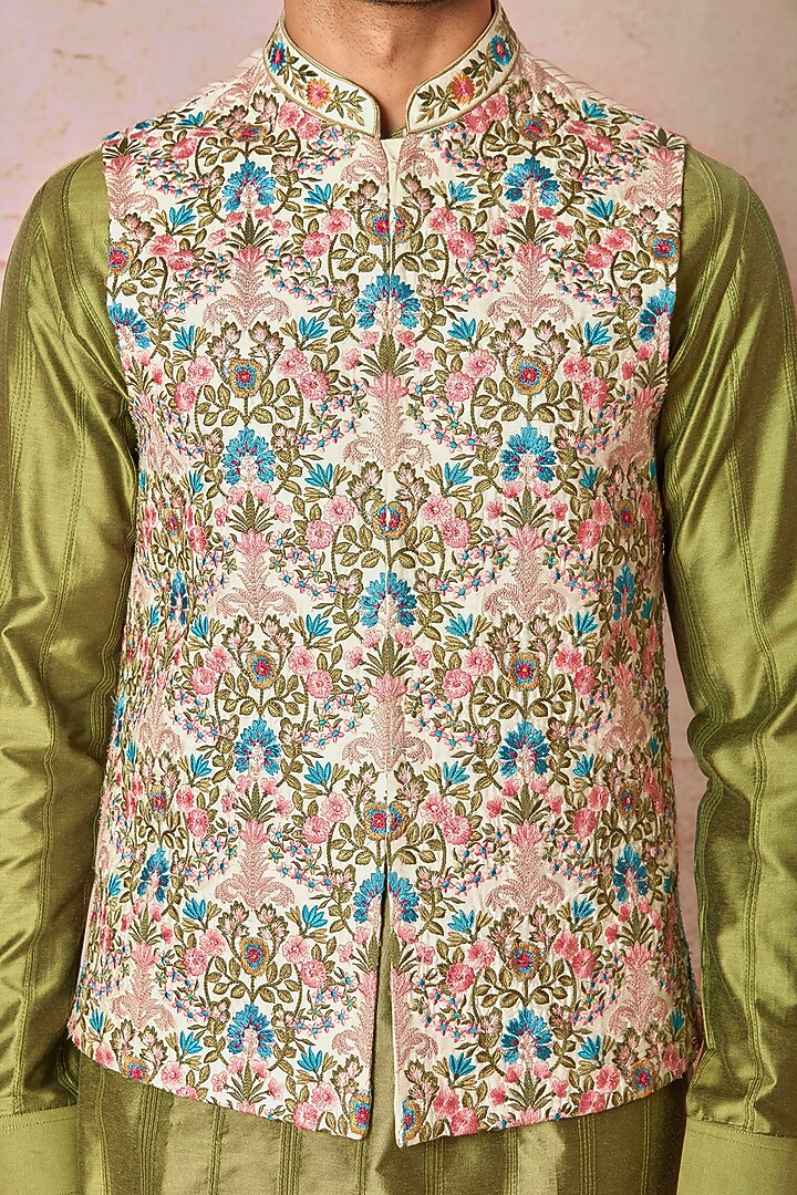 Multi-Colored Chanderi Silk Floral Embroidered Bundi Jacket Set by ASUKA at Pernia's Pop Up Shop