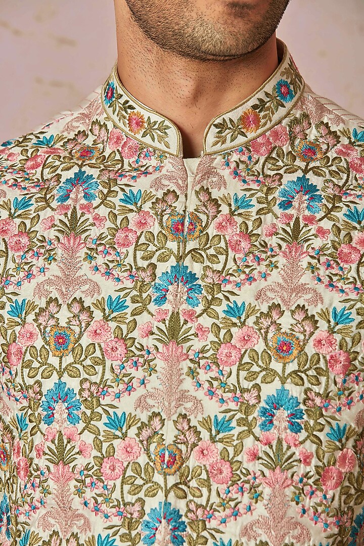 Multi-Colored Chanderi Silk Floral Embroidered Bundi Jacket Set by ASUKA at Pernia's Pop Up Shop