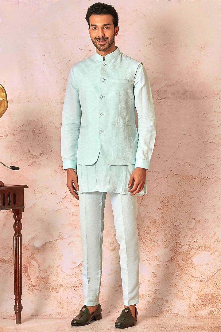 Sky Blue Pure Linen Embroidered Bundi Jacket Set by ASUKA at Pernia's Pop Up Shop