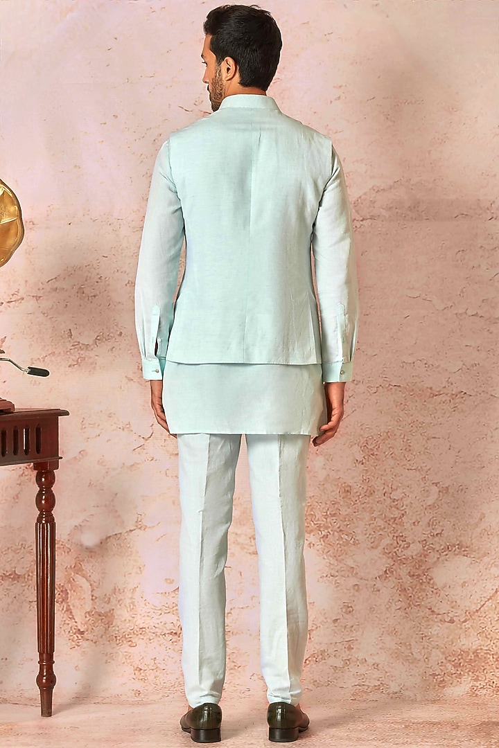 Sky Blue Pure Linen Embroidered Bundi Jacket Set by ASUKA at Pernia's Pop Up Shop