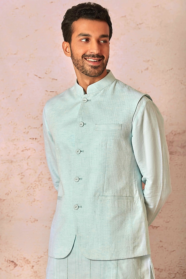 Sky Blue Pure Linen Embroidered Bundi Jacket Set by ASUKA at Pernia's Pop Up Shop