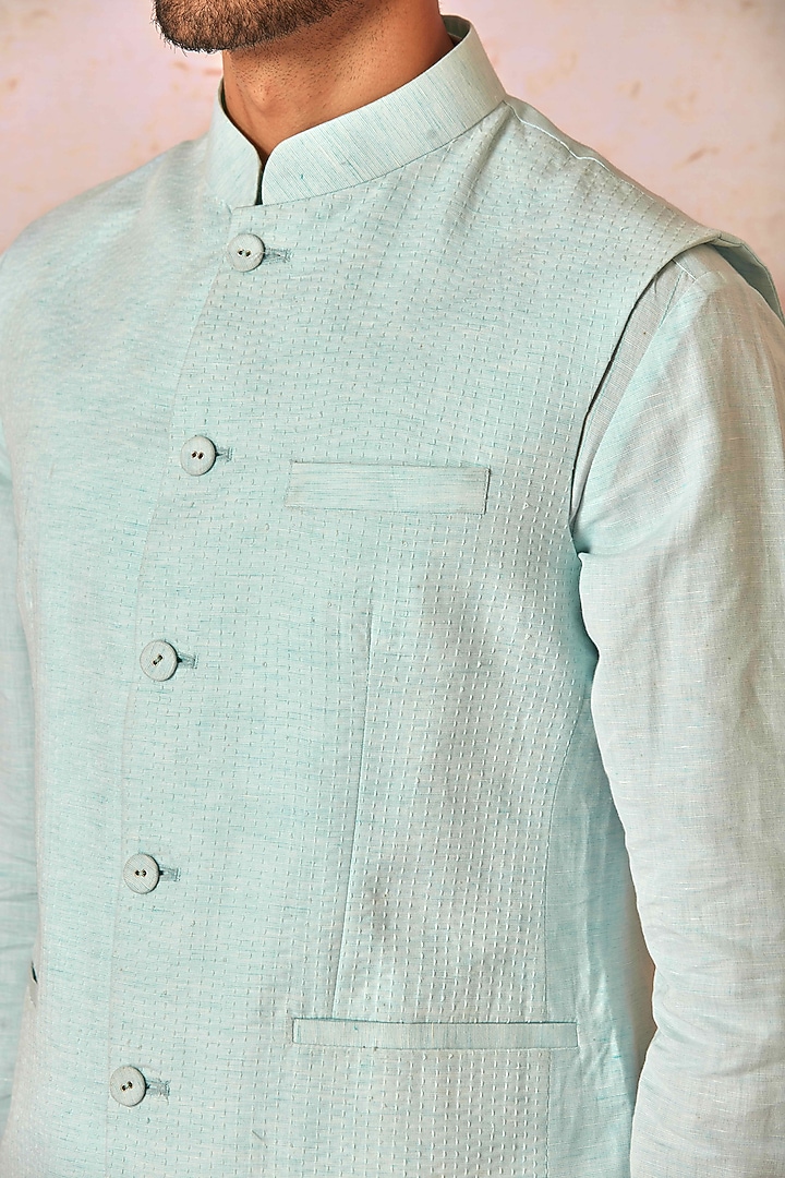 Sky Blue Pure Linen Embroidered Bundi Jacket Set by ASUKA at Pernia's Pop Up Shop