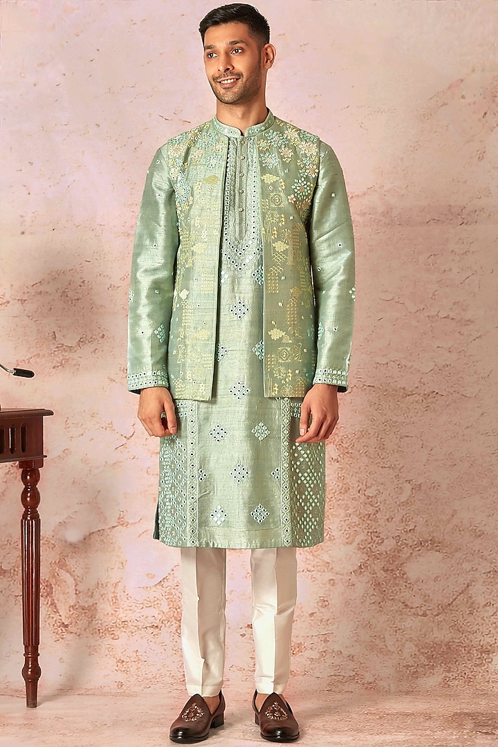 Green Raw Silk Floral Embroidered Indowestern Set by ASUKA