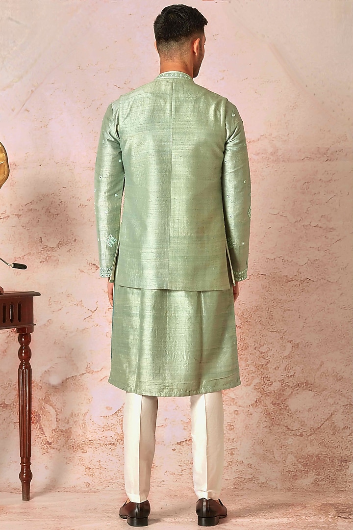 Green Raw Silk Floral Embroidered Wedding Indowestern Set by ASUKA at Pernia's Pop Up Shop