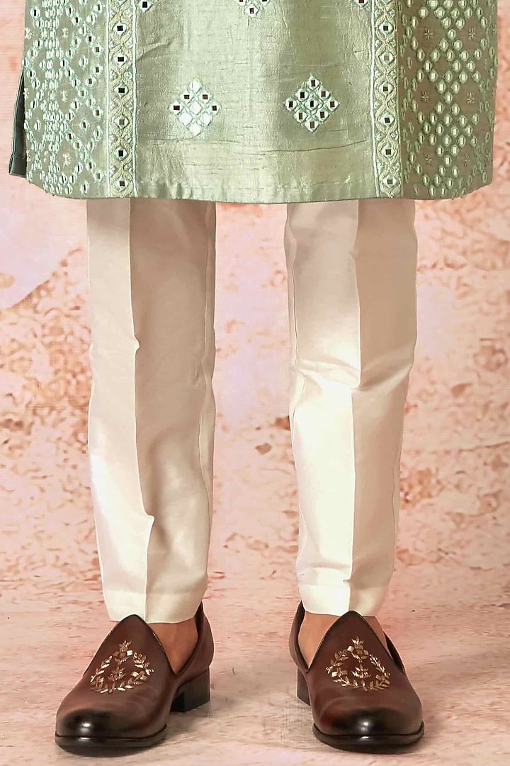 Green Raw Silk Floral Embroidered Wedding Indowestern Set by ASUKA at Pernia's Pop Up Shop