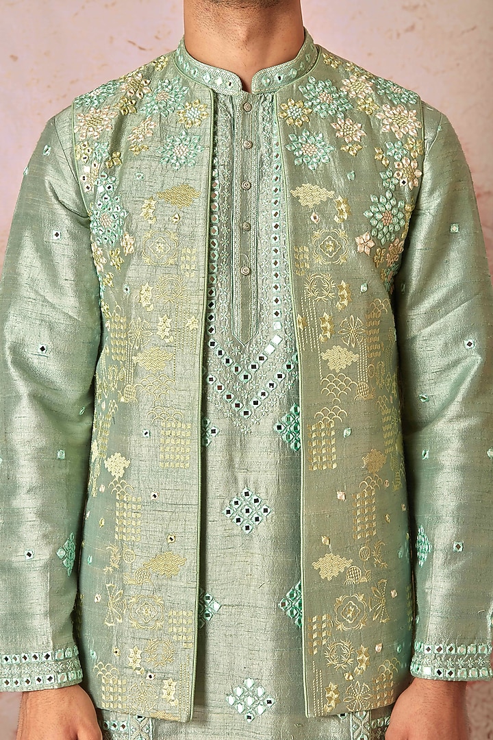 Green Raw Silk Floral Embroidered Wedding Indowestern Set by ASUKA at Pernia's Pop Up Shop