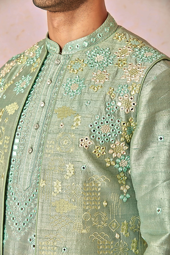 Green Raw Silk Floral Embroidered Wedding Indowestern Set by ASUKA at Pernia's Pop Up Shop
