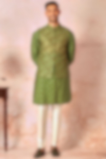 Green Silk Floral Embroidered Bundi Jacket Set by ASUKA